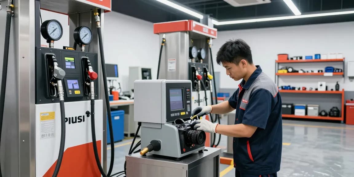 Tecnico che utilizza un sistema di trasferimento carburante Piusi in un garage moderno.
