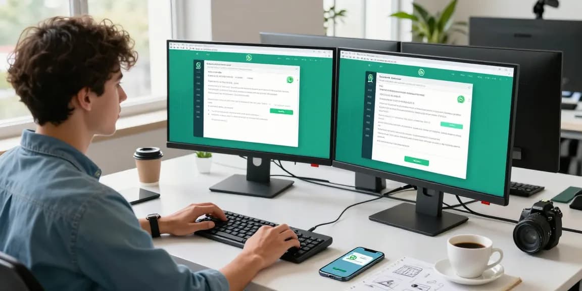 Professional user engaging with WhatsApp網頁版 on dual monitors in a bright office