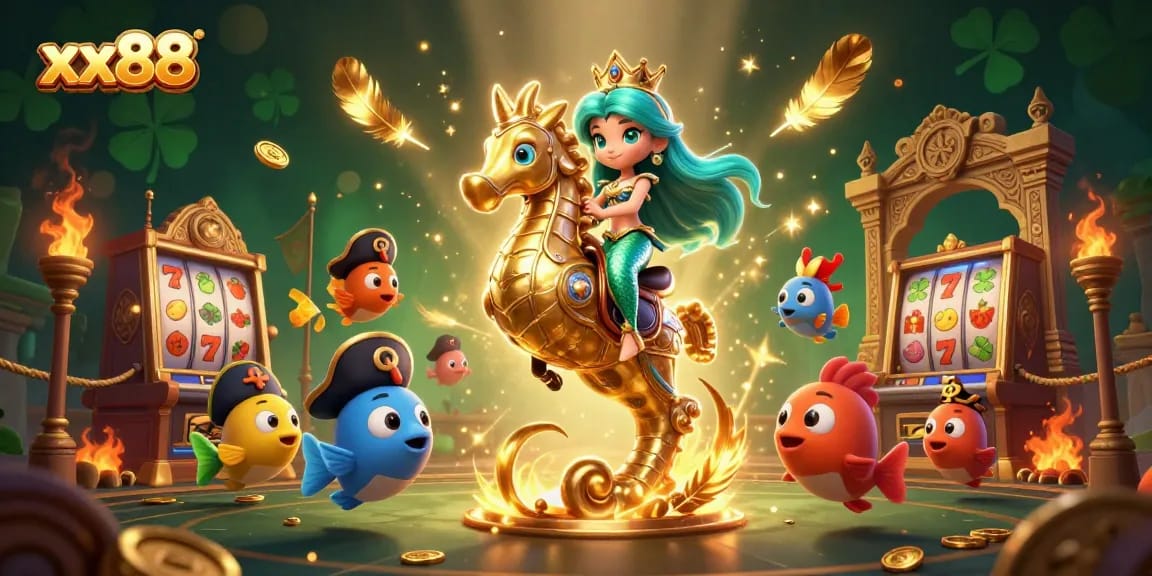 Participate in thrilling slots at xx88 with a colorful mermaid princess and her seahorse!