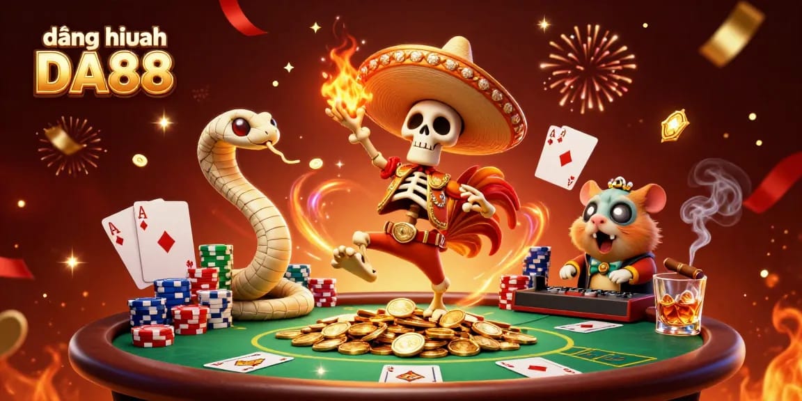 Experience đăng nhập DA88 excitement with vibrant casino characters and poker elements.