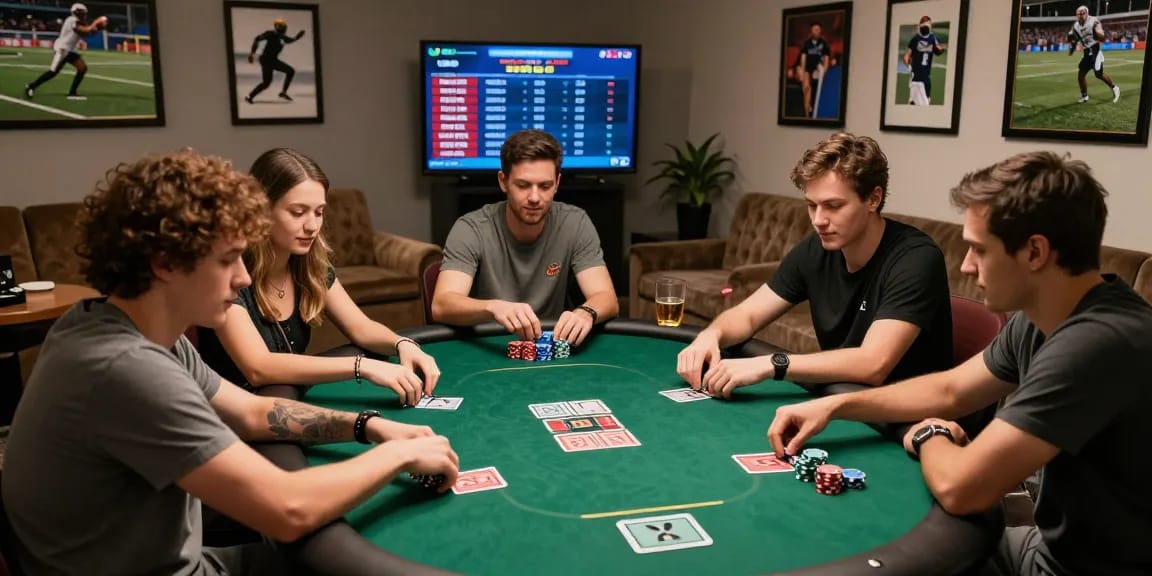 Friends enjoying a poker game while checking rokok88 rtp statistics on screens, creating a lively gambling atmosphere.