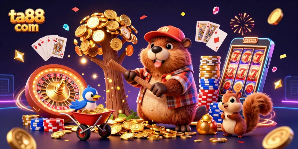 Experience vibrant wins with ta88 com as a beaver chops a tree raining golden coins in this 3D casino scene.