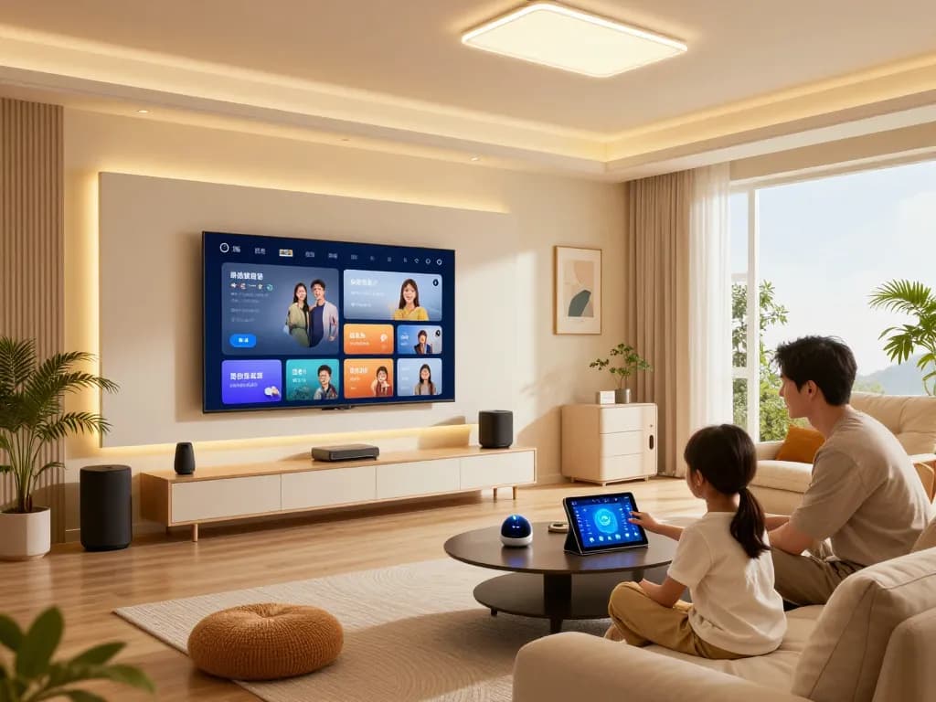 Engaging scene of a family interacting with tech gadgets for home in a modern living room.