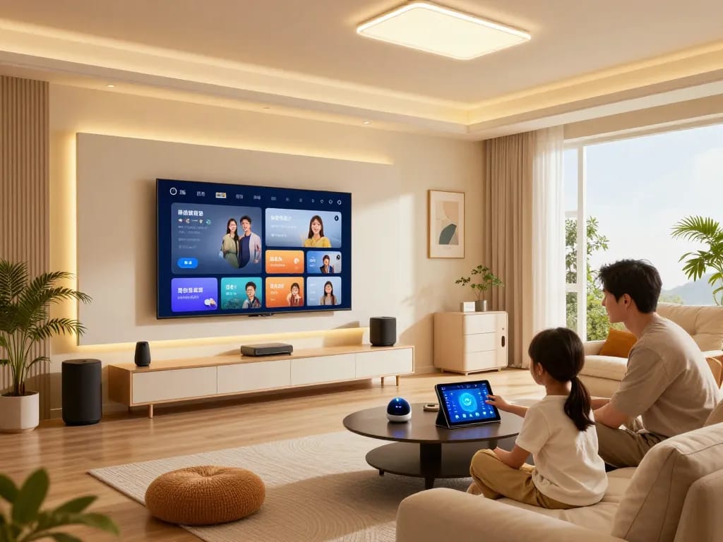 Engaging scene of a family interacting with tech gadgets for home in a modern living room.