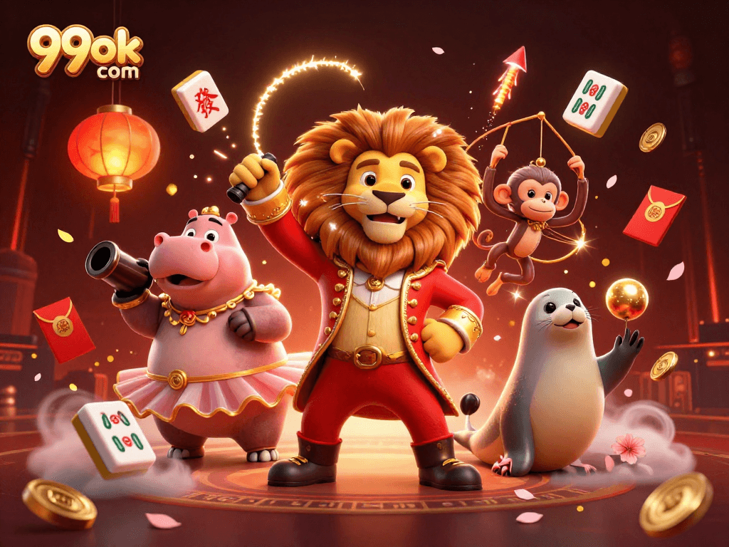 Engage in thrilling gaming at 99ok com with vibrant 3D circus characters showcasing exciting casino themes.