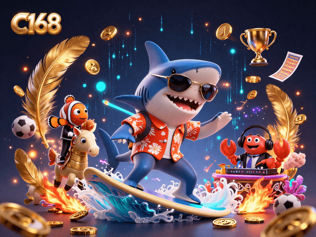 Join the excitement at C168, where a hammer-head shark surfs on gold coins in this vibrant casino scene!