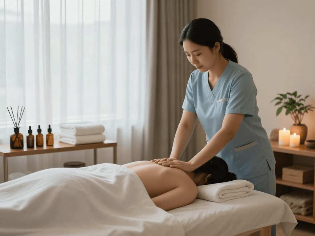 Relaxing 길동출장마사지 session in a tranquil spa with soothing decor and calming atmosphere.