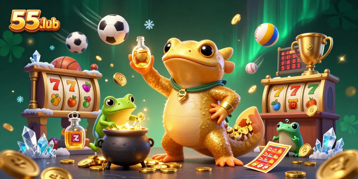 Engage with 55club's thrilling slot adventure featuring a golden salamander alchemist and vibrant casino elements.