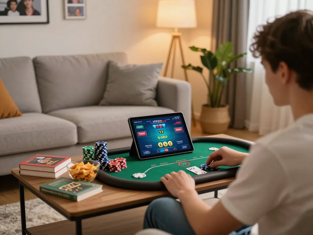 Experience the excitement of online poker at trang chủ F168 in a cozy living room setting.
