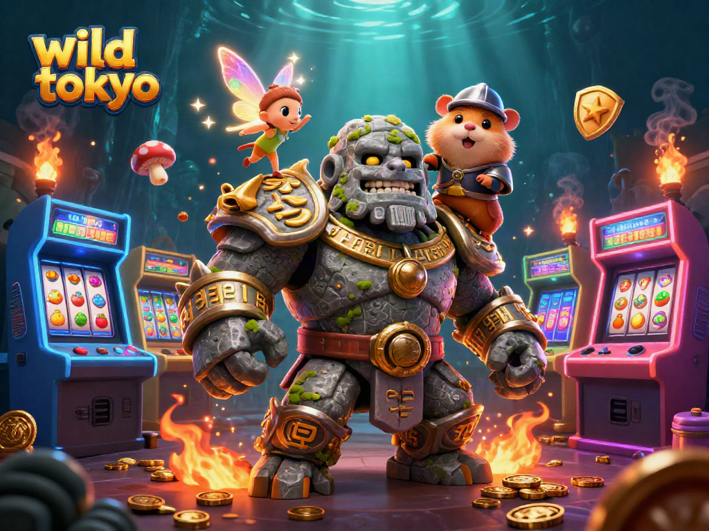 Experience wild tokyo with a vibrant 3D casino scene including golems and magical elements.