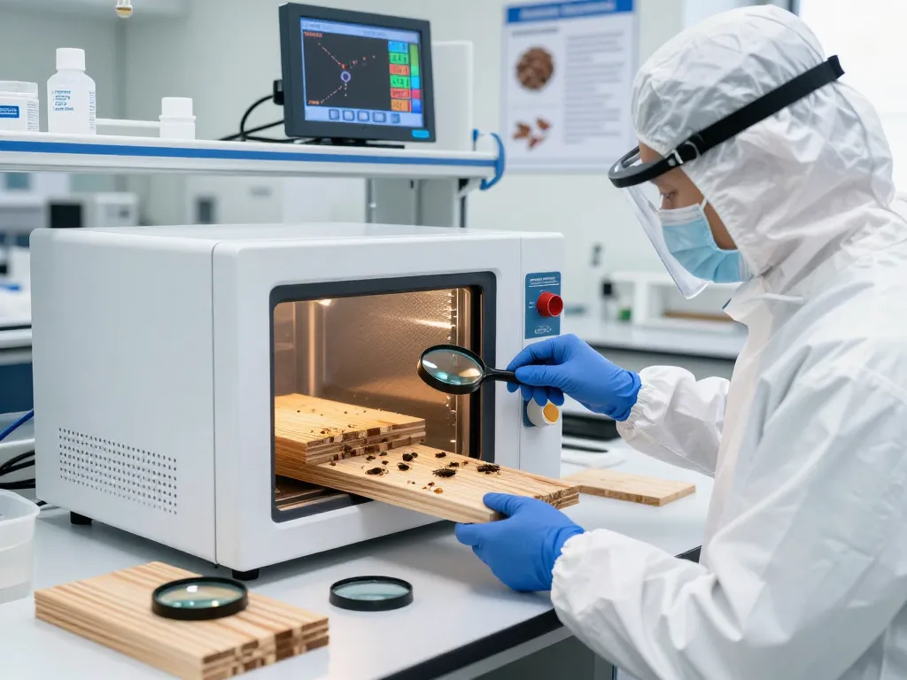 Applicazione della sterilizzazione microonde dei coleotteri in un ambiente professionale di controllo dei parassiti, mostrando attrezzature e procedure per un'efficace disinfestazione dei coleotteri d