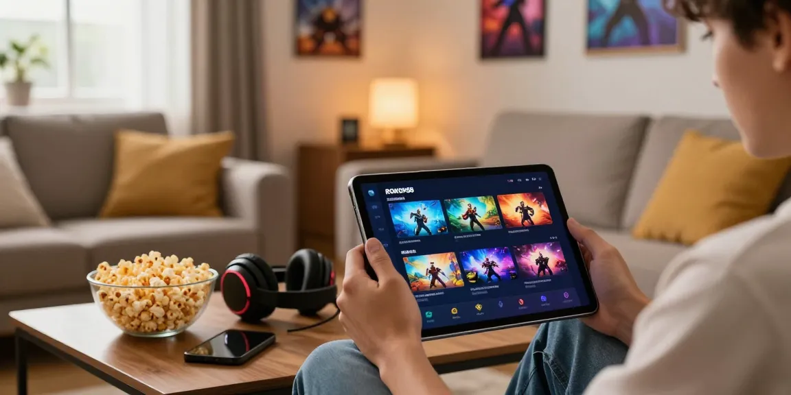 ROKOK88 user enjoying gaming on a tablet in a cozy living room setting.