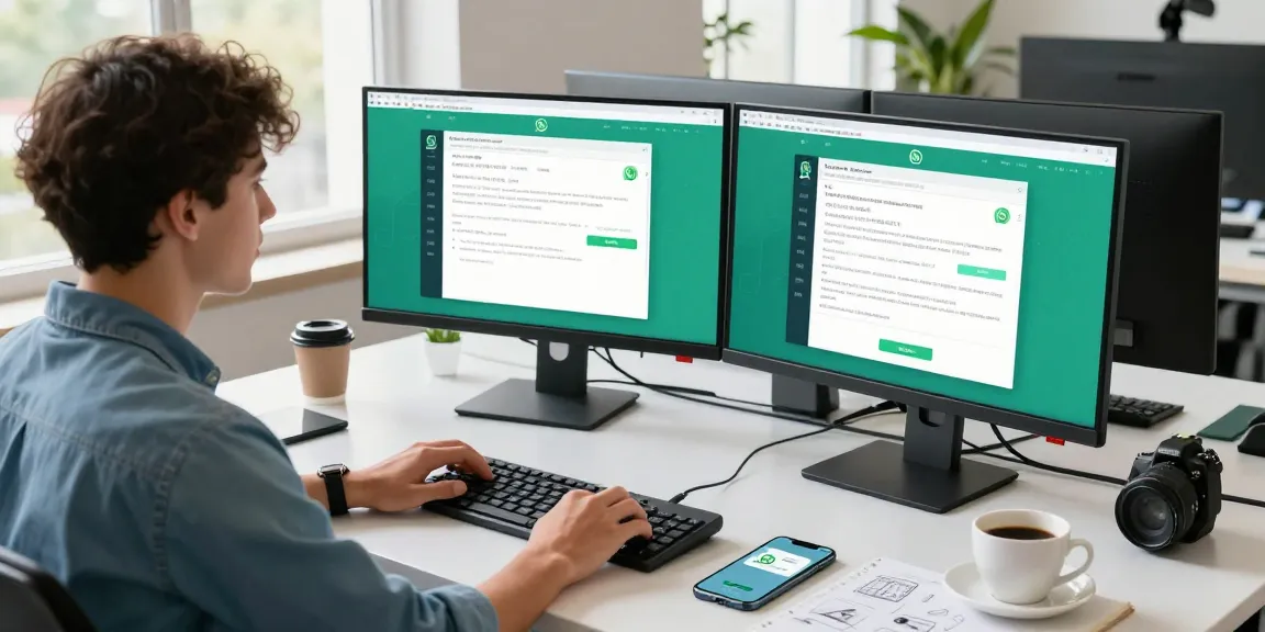 Professional user engaging with WhatsApp網頁版 on dual monitors in a bright office