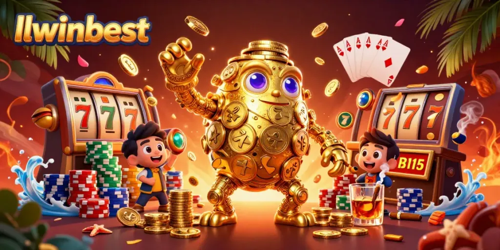 Engage in thrilling jackpots at llwinbest with a golden golem and vibrant casino gaming elements.