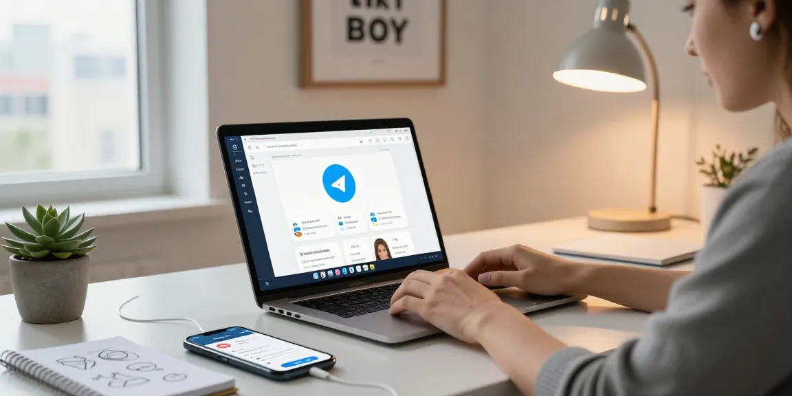 Accessing Telegram web version on a stylish laptop in a modern workspace.