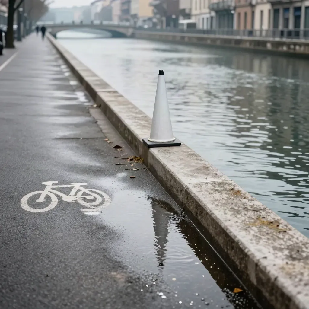Canal edge a Milano con cono bianco, pozzanghera e riflessi dei binari del tram.