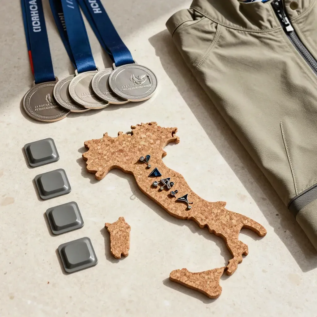 Flat lay di medaglie, chip tempo, giacca piegata e puntine percorso su base in sughero a forma d’Italia.