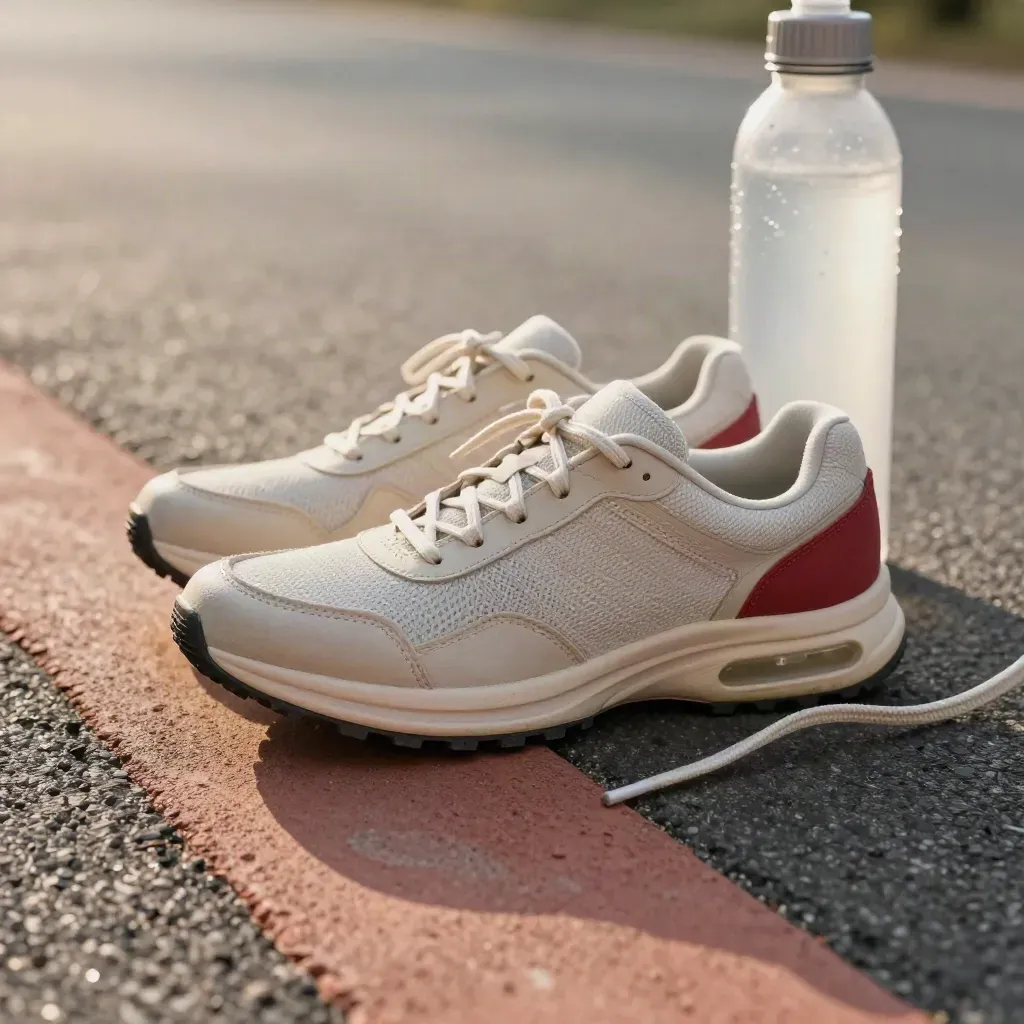 Scarpe da asfalto con midsole ammortizzate, borraccia e laccio di scorta su asfalto al sole.