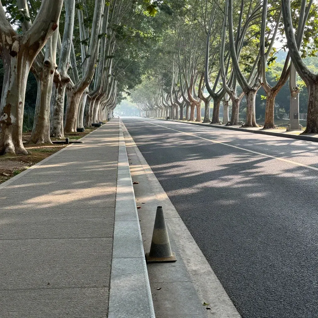 Strada per il fondo lento tra platani, cordolo e corsia bici in luce grigia.