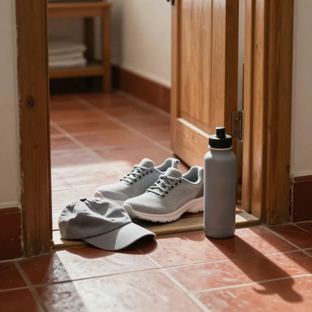 Scarpe da corsa, cappellino e borraccia alla soglia di casa, luce mattutina calda.