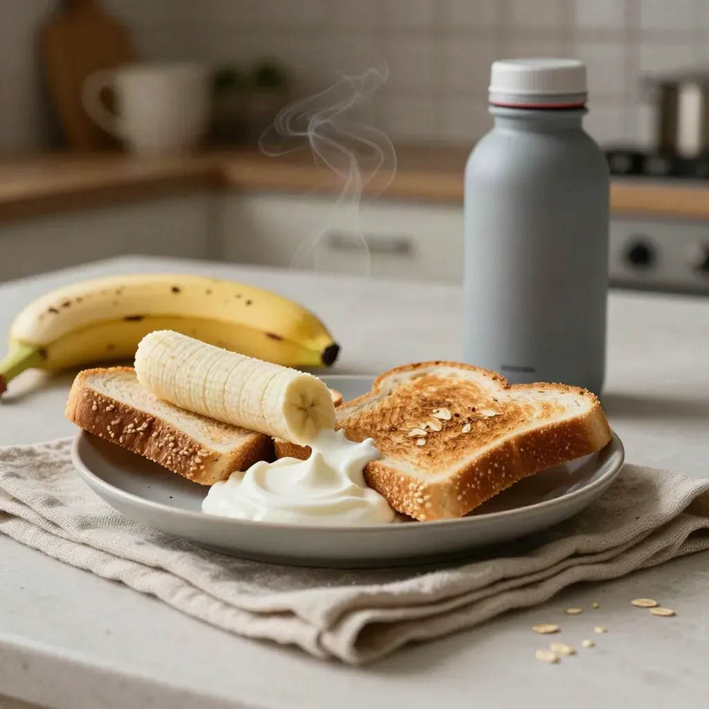 Snack post-corsa con banana, pane tostato, yogurt e borraccia su tavolo chiaro di cucina.