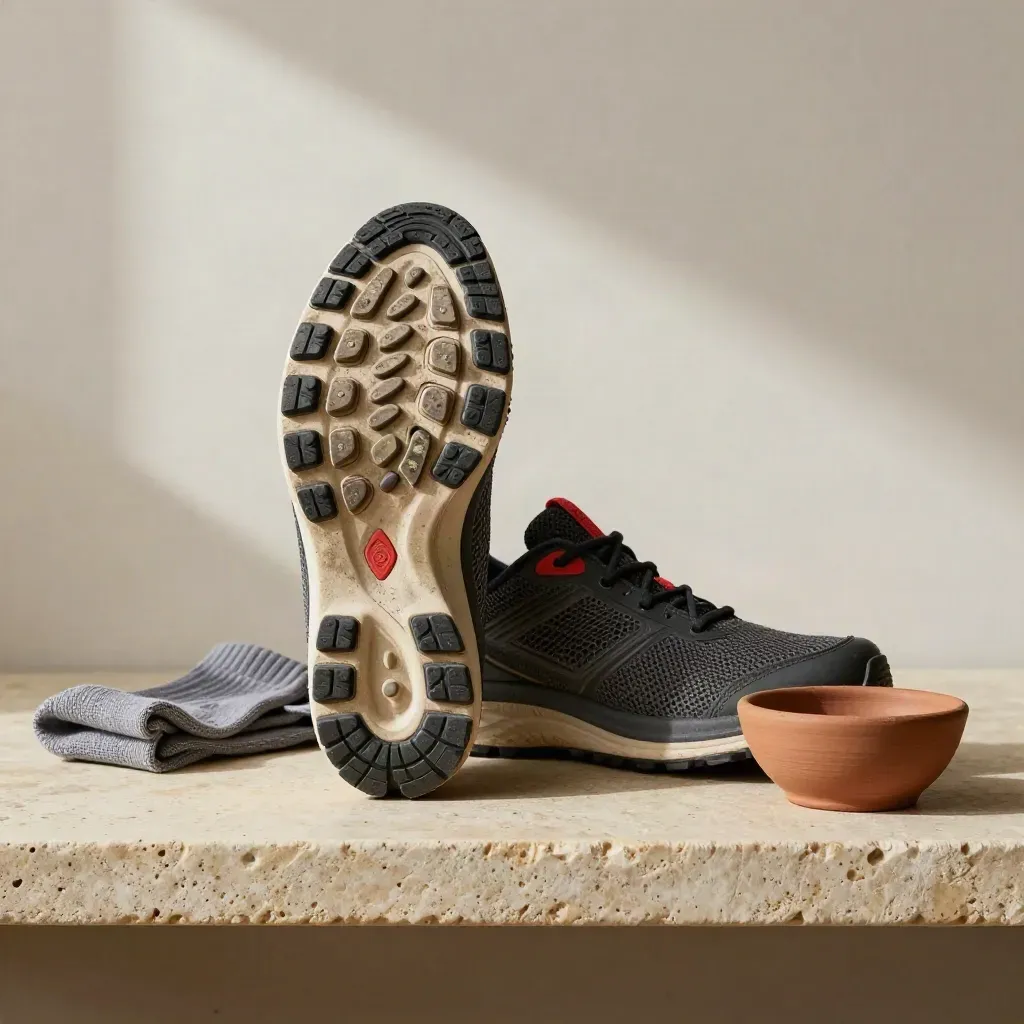 Scarpa da running con suola, seconda scarpa, calza piegata e ciotola su mensola in pietra
