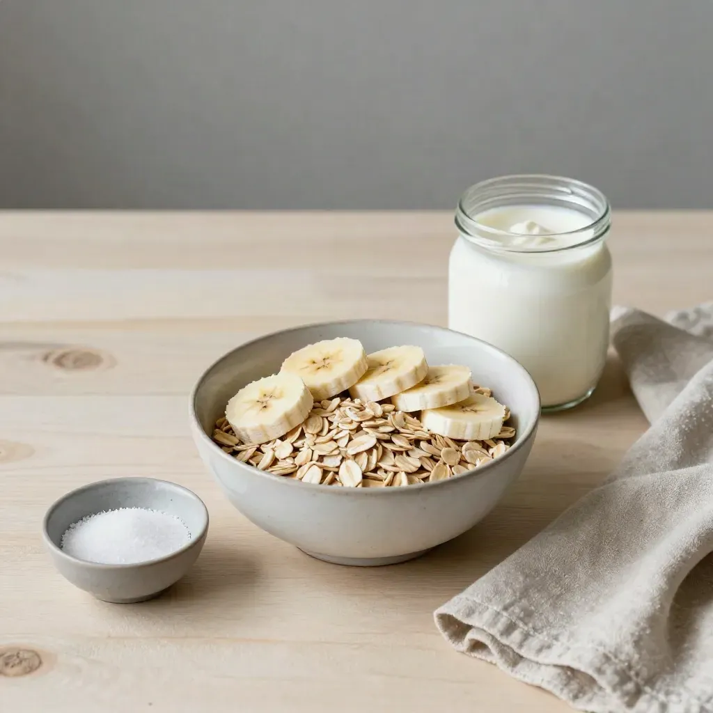 Ciotola di avena, banana e yogurt su legno chiaro, luce mattutina morbida.