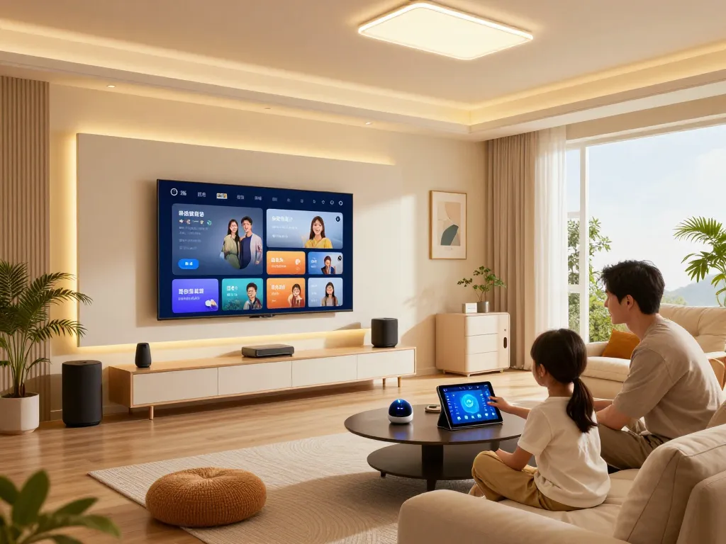 Engaging scene of a family interacting with tech gadgets for home in a modern living room.