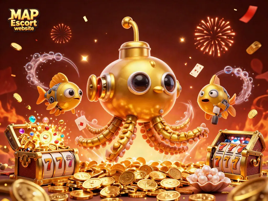 Engage with MAP Escort website featuring a golden kraken submarine amidst slot reels and gold coins for thrilling adventures.