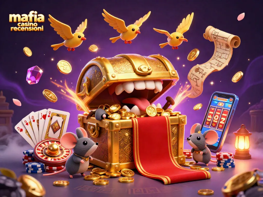 Mafia casino recensioni promotional illustration featuring dynamic casino elements and vibrant 3D characters.