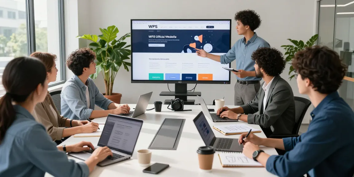 Collaborative office team discussing WPS Official Website project with digital screens and modern workspace.