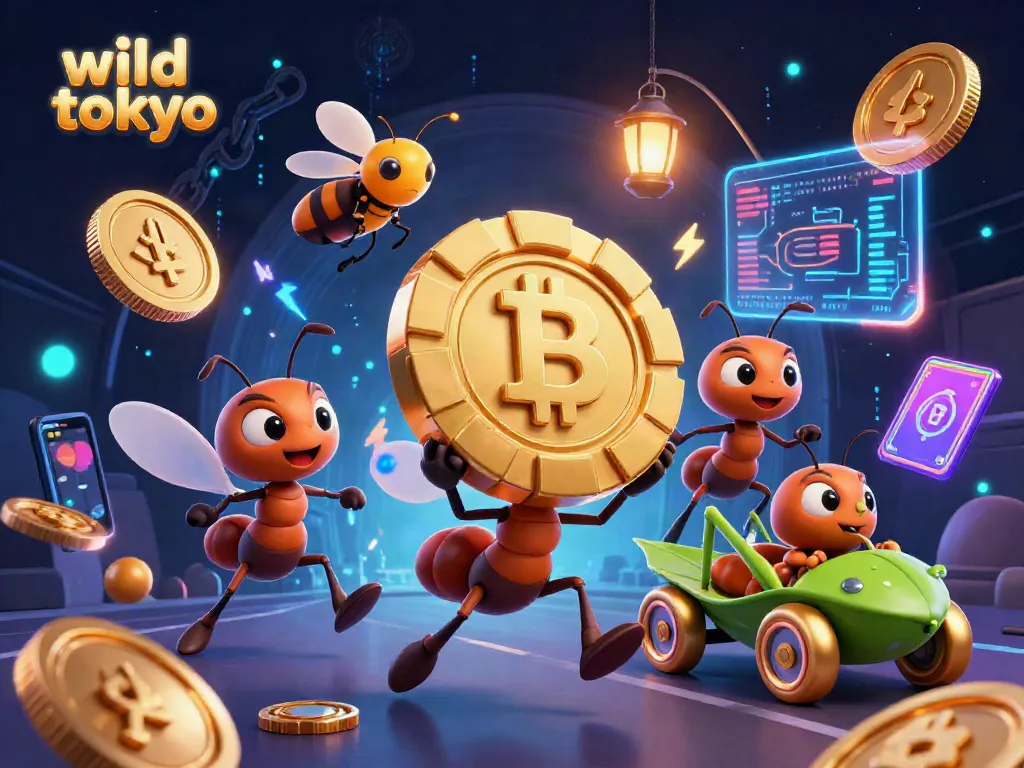 Experience wild tokyo with vibrant 3D casino heist elements featuring ants and crypto coins.