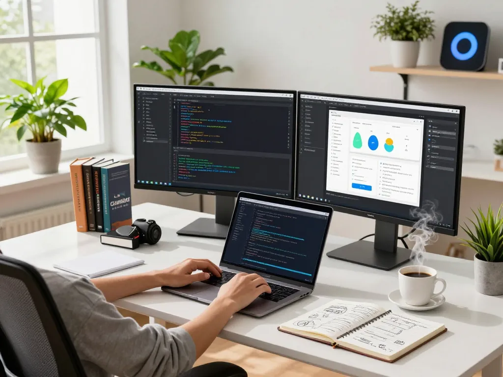 Developer using Clawdbot in a modern home office setup with dual monitors.