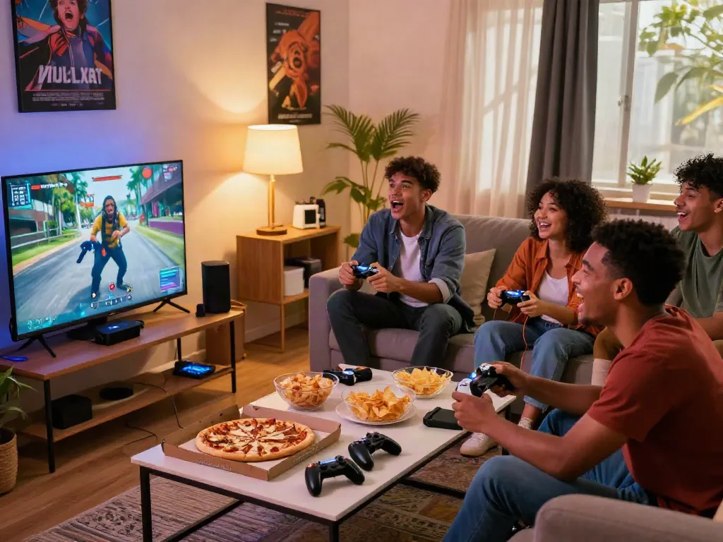 Friends enjoying gaming together at home with rokok88 vibe, vibrant decor, and lively atmosphere.