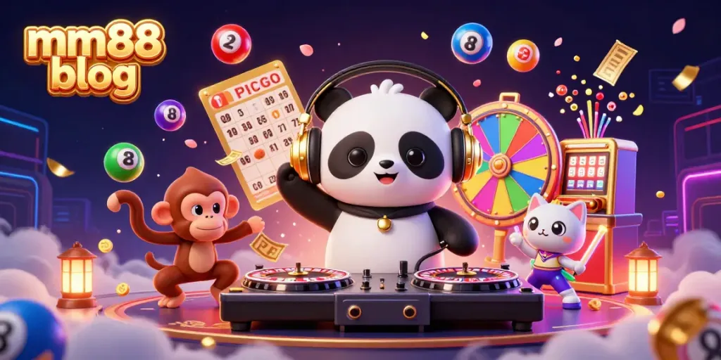 Engage with the vibrant mm88 blog scene featuring a lively DJ panda, a breakdancing monkey, and a rave kitten.