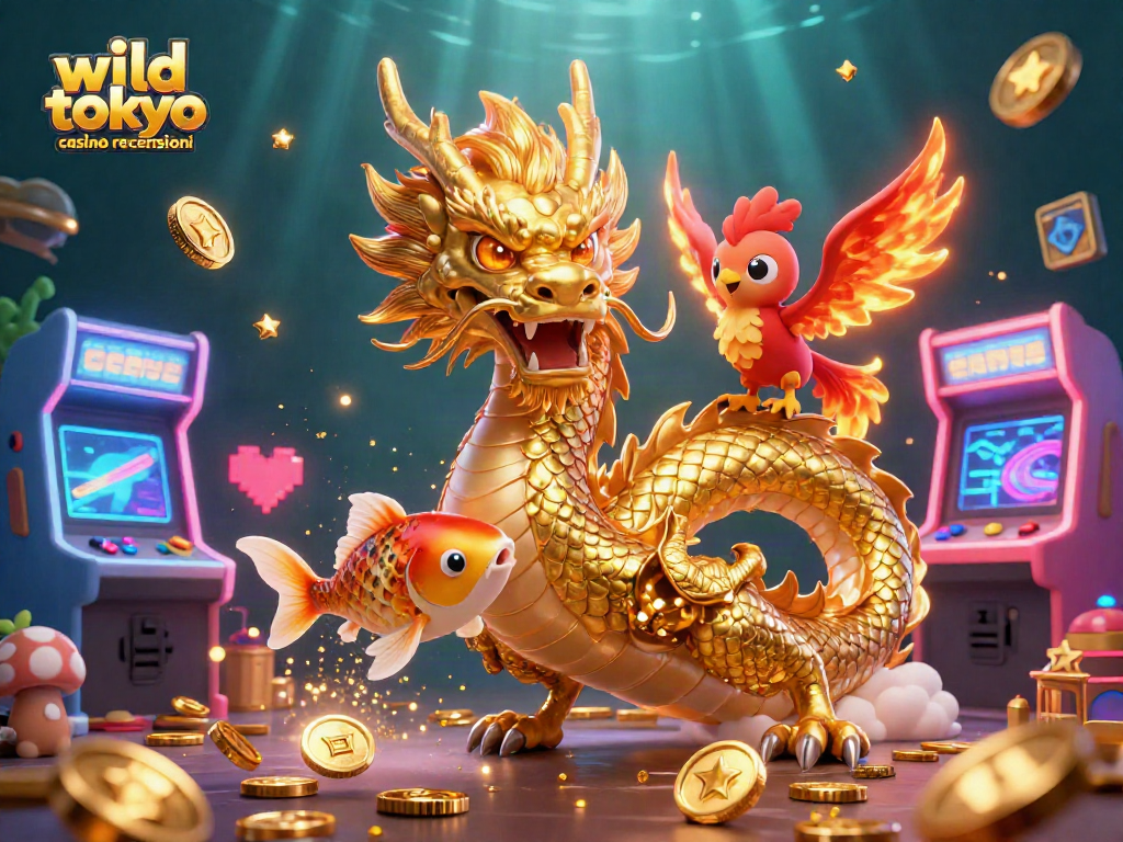 Engage with the wild tokyo casino recensioni through this vibrant 3D dragon and phoenix scene filled with gaming elements and energy.