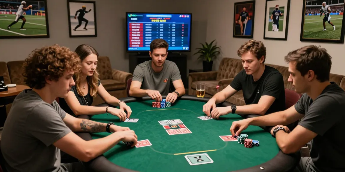 Friends enjoying a poker game while checking rokok88 rtp statistics on screens, creating a lively gambling atmosphere.