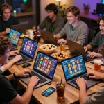 A group of friends enjoying raja slot games on laptops at a festive online gaming party table.