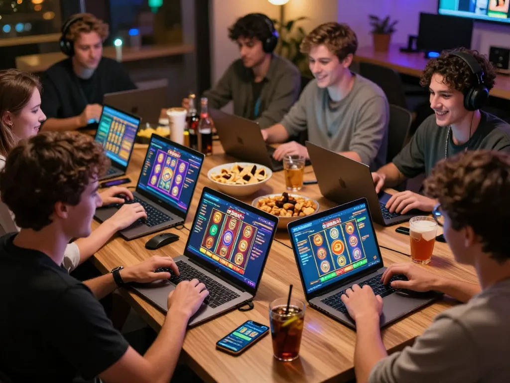 A group of friends enjoying raja slot games on laptops at a festive online gaming party table.