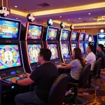Pemain menikmati mesin raja slot yang menarik dengan visual yang mengesankan dalam suasana kasino yang mewah.