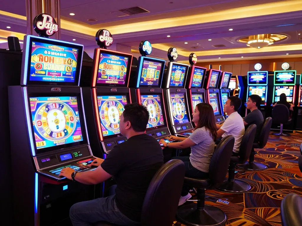 Pemain menikmati mesin raja slot yang menarik dengan visual yang mengesankan dalam suasana kasino yang mewah.