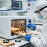 Applicazione della sterilizzazione microonde dei coleotteri in un ambiente professionale di controllo dei parassiti, mostrando attrezzature e procedure per un'efficace disinfestazione dei coleotteri del legno.