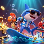 Engage with Net88's thrilling casino experience featuring a dynamic shark surfing through coins.