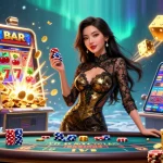 Experience high-stakes action at SHBET with glamorous players, vibrant slot visuals, and golden chips.