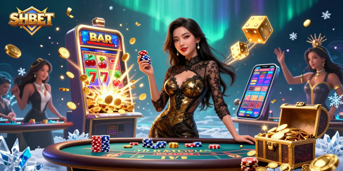 Experience high-stakes action at SHBET with glamorous players, vibrant slot visuals, and golden chips.
