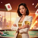 Tỷ lệ bóng đá kèo nhà cái evokes excitement with a powerful Asian businesswoman holding golden cards, surrounded by thrilling sports betting elements.