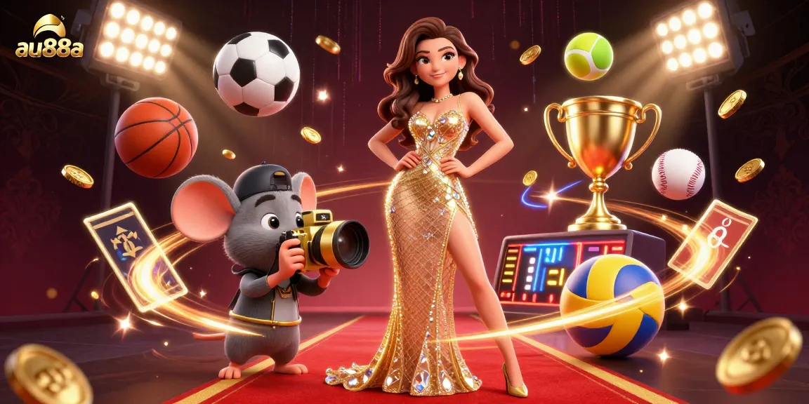 Bet on sports with excitement at au88a, featuring dynamic sports elements and a glamorous atmosphere.