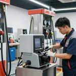 Tecnico che utilizza un sistema di trasferimento carburante Piusi in un garage moderno.