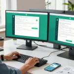 Professional user engaging with WhatsApp網頁版 on dual monitors in a bright office