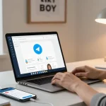 Accessing Telegram web version on a stylish laptop in a modern workspace.